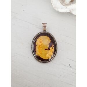 Vintage Baltic Amber Reverse Intaglio Cameo Sterling Silver Pendant